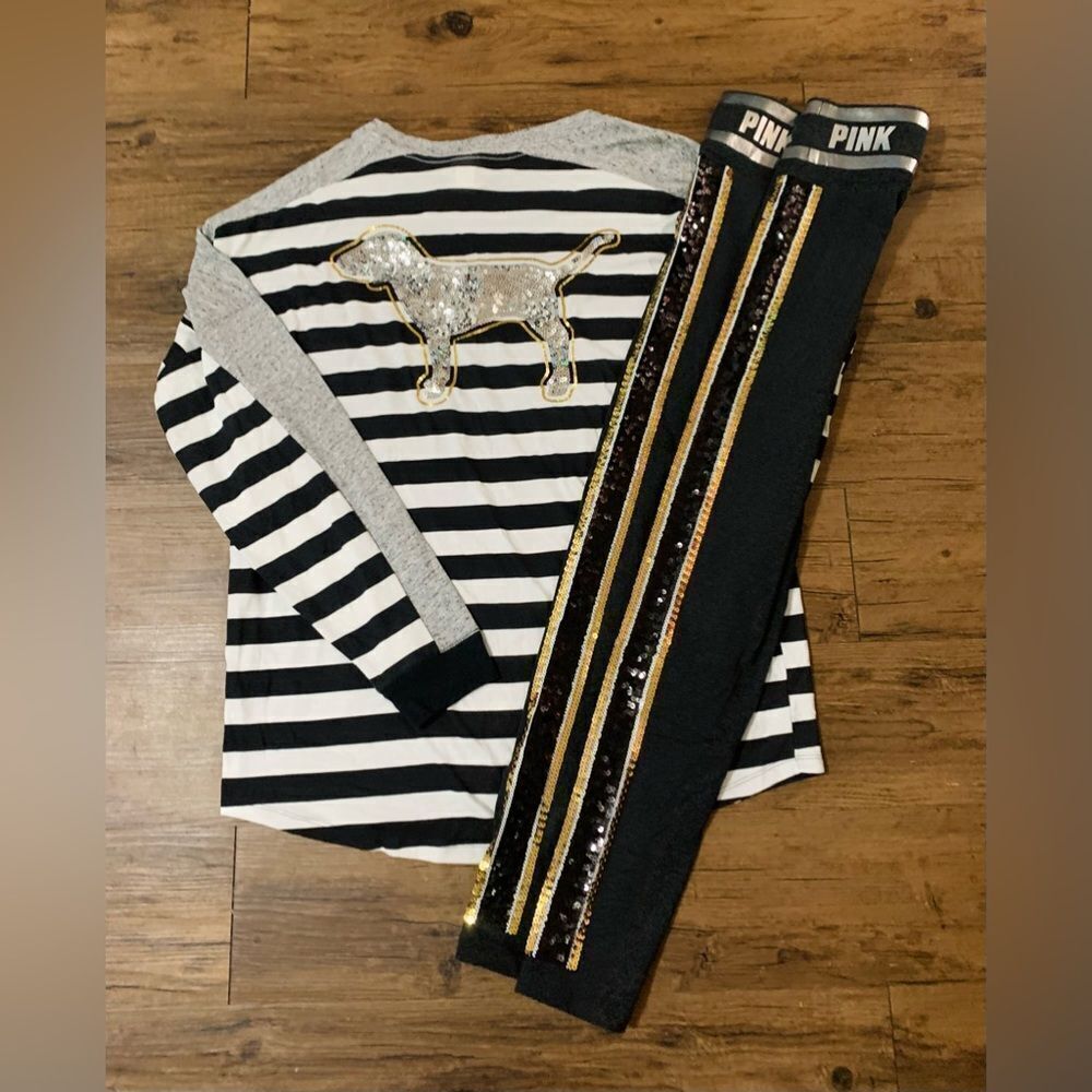 PINK VS STRIPE BLING DOG SHIRT / YOGA LEGGINGS OUTFIT SET L